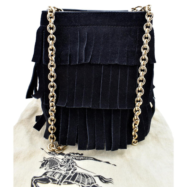Burberry Mini Fringe Suede Crossbody Bucket Bag in Black - Back