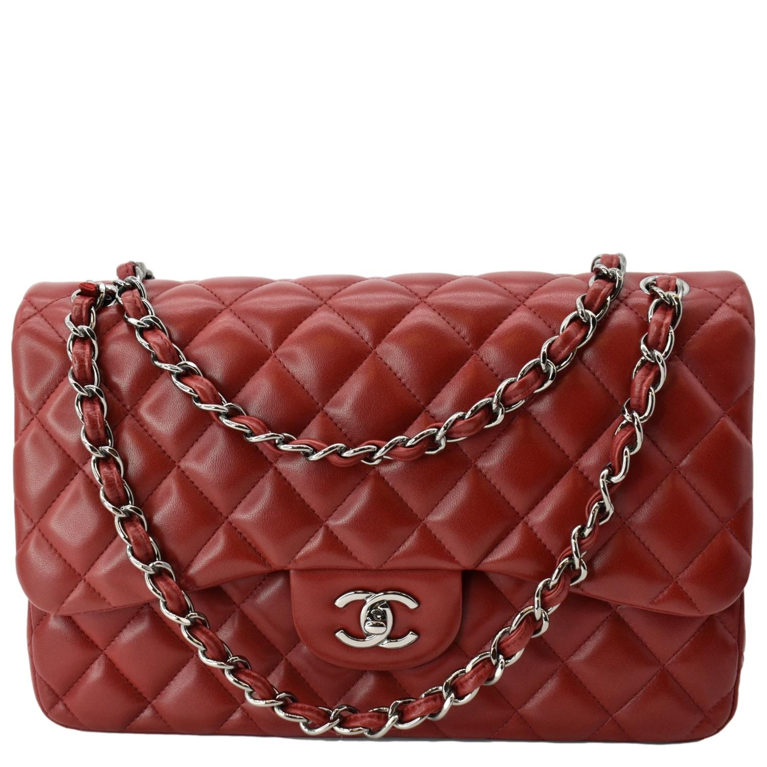 CHANEL Medium Double Flap Lambskin Leather Shoulder Bag Red