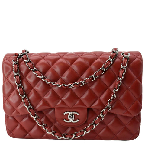 CHANEL Medium Double Flap Lambskin Leather Shoulder Bag Red