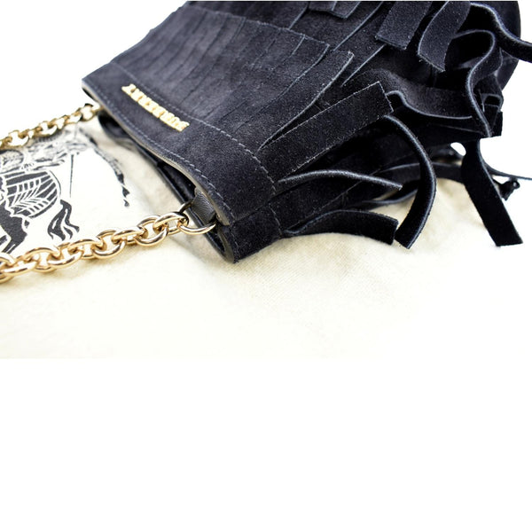 Burberry Mini Fringe Suede Crossbody Bucket Bag in Black -Left Side