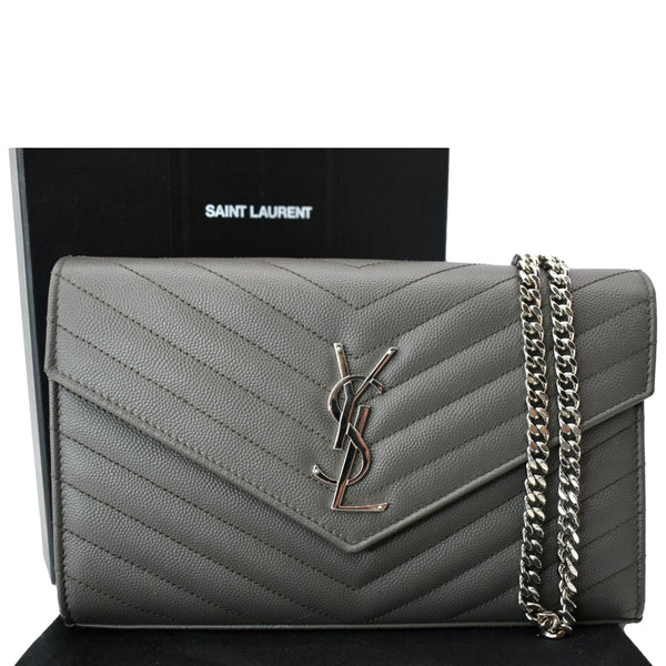 YVES SAINT LAURENT Cassandre Leather Chain Wallet Grey