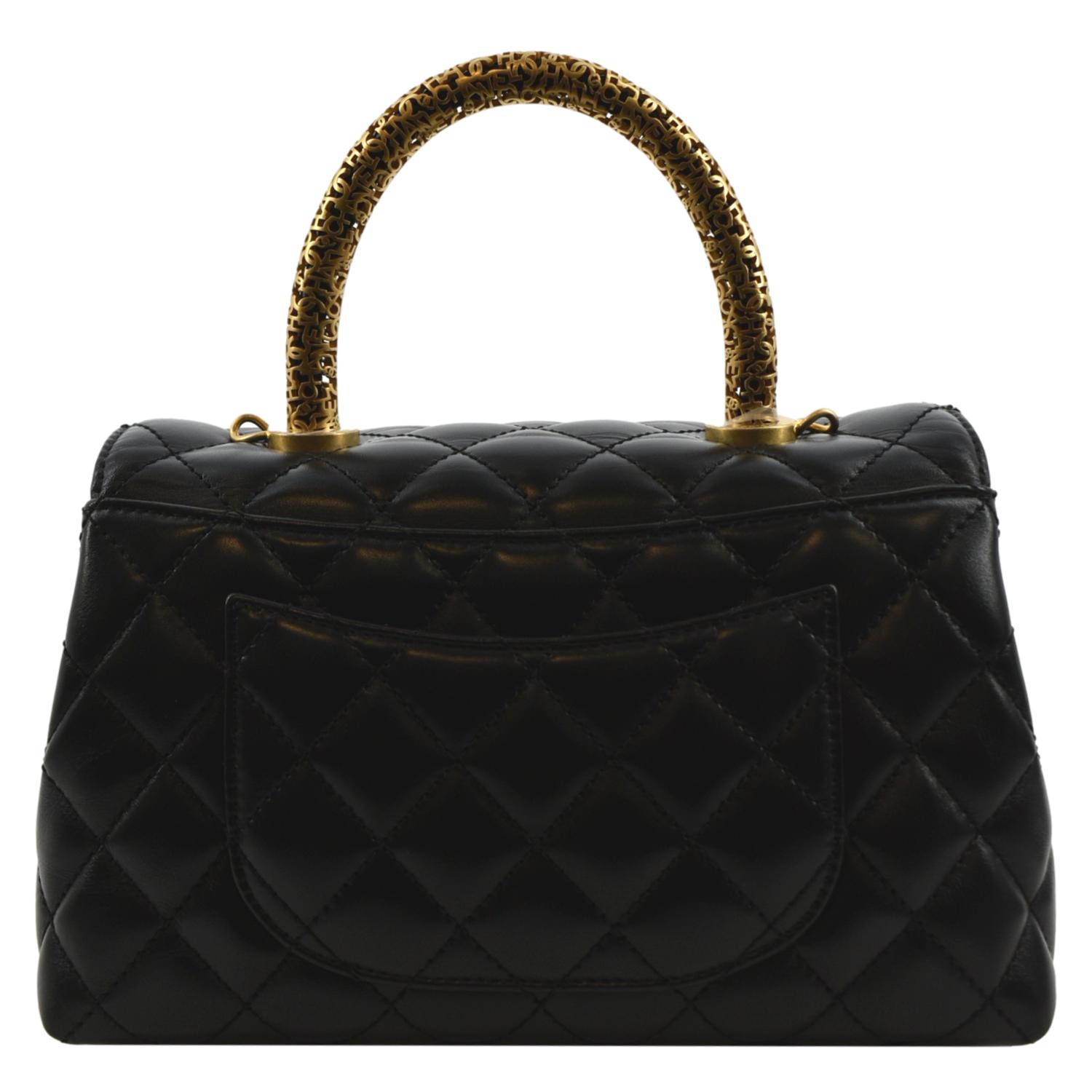 CHANEL Coco Mini Top Metal Handle Lambskin Leather Shoulder Bag Black