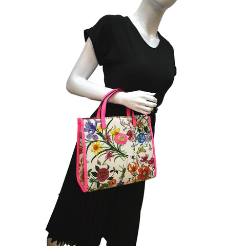 Gucci Medium Flora Canvas Tote Shoulder Bag in Pink - Full View