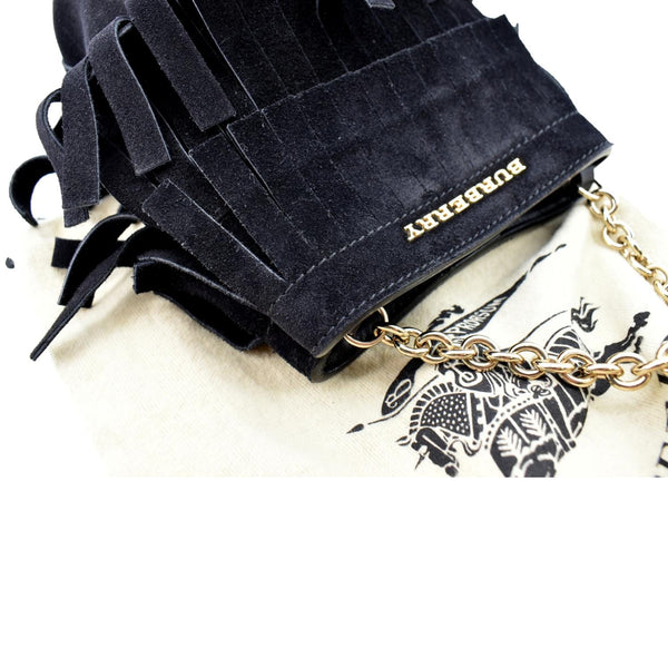 Burberry Mini Fringe Suede Crossbody Bucket Bag in Black - Right Side
