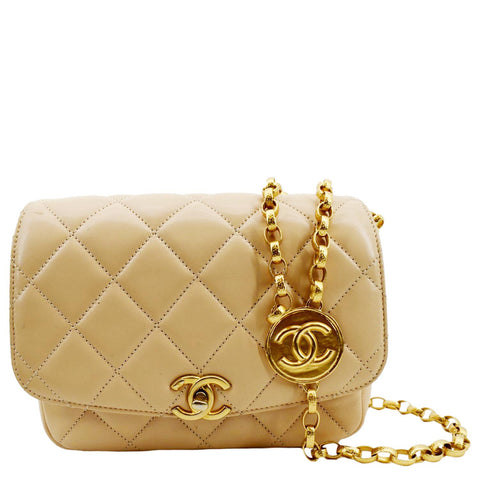 CHANEL CC Charm Flap Lambskin Leather Shoulder Bag Beige