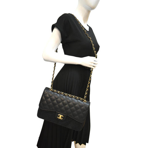 CHANEL Classic Jumbo Double Flap Caviar Leather Shoulder Bag Black
