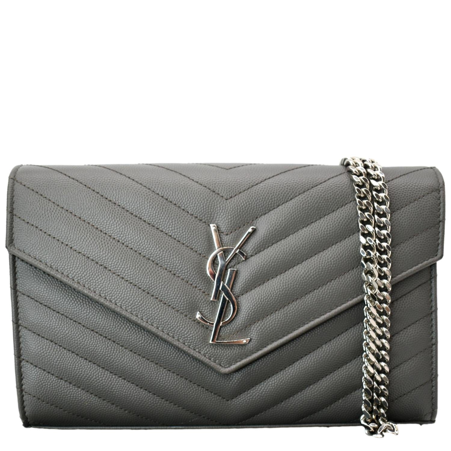 YVES SAINT LAURENT Cassandre Leather Chain Wallet Grey