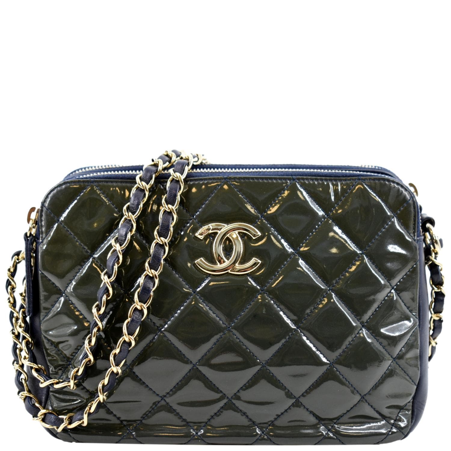Chanel Double Zip Patent Leather Shoulder Bag Navy Blue - Front