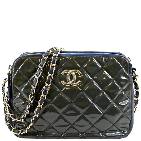 CHANEL Double Zip Patent Leather Shoulder Bag Navy Blue
