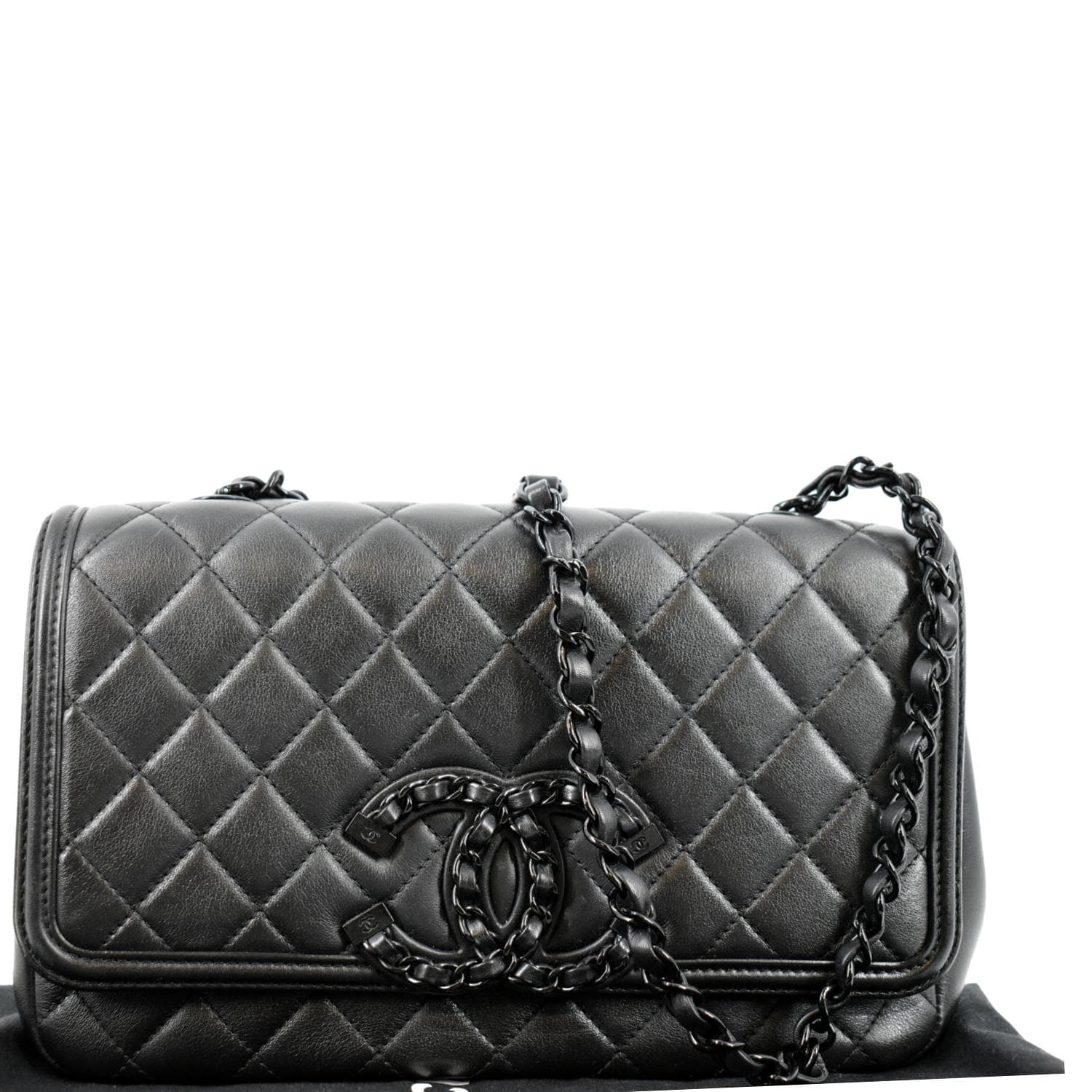 Chanel Filigree Vanity Case Quilted Goatskin with Chain Detail Medium Black  7338888