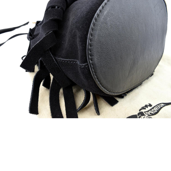 Burberry Mini Fringe Suede Crossbody Bucket Bag in Black - Left Side