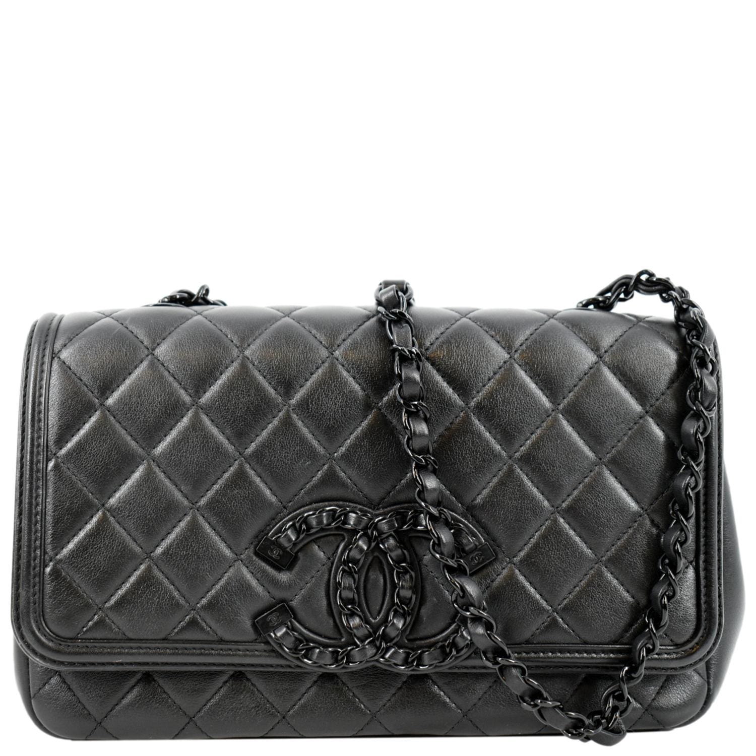 CHANEL Filigree CC Chain Around Leather Crossbody Bag Black