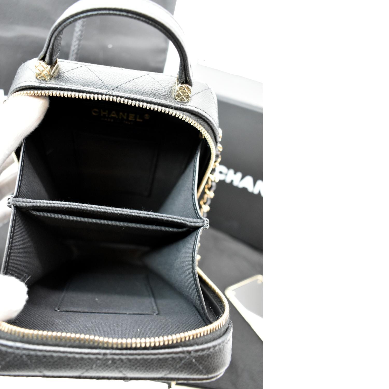 CHANEL Filigree Small Black Caviar Cosmetic Crossbody Vanity Case Bag