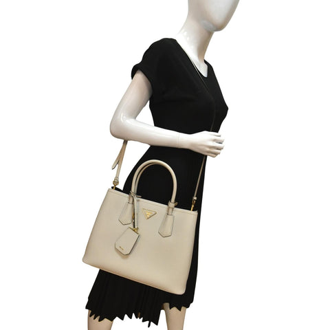 PRADA Medium Double Saffiano Leather Crossbody Bag White  - Hot Deals