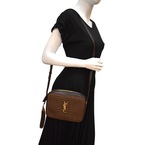 YVES SAINT LAURENT Lou Camera Raffia Canvas Crossbody Bag Brown