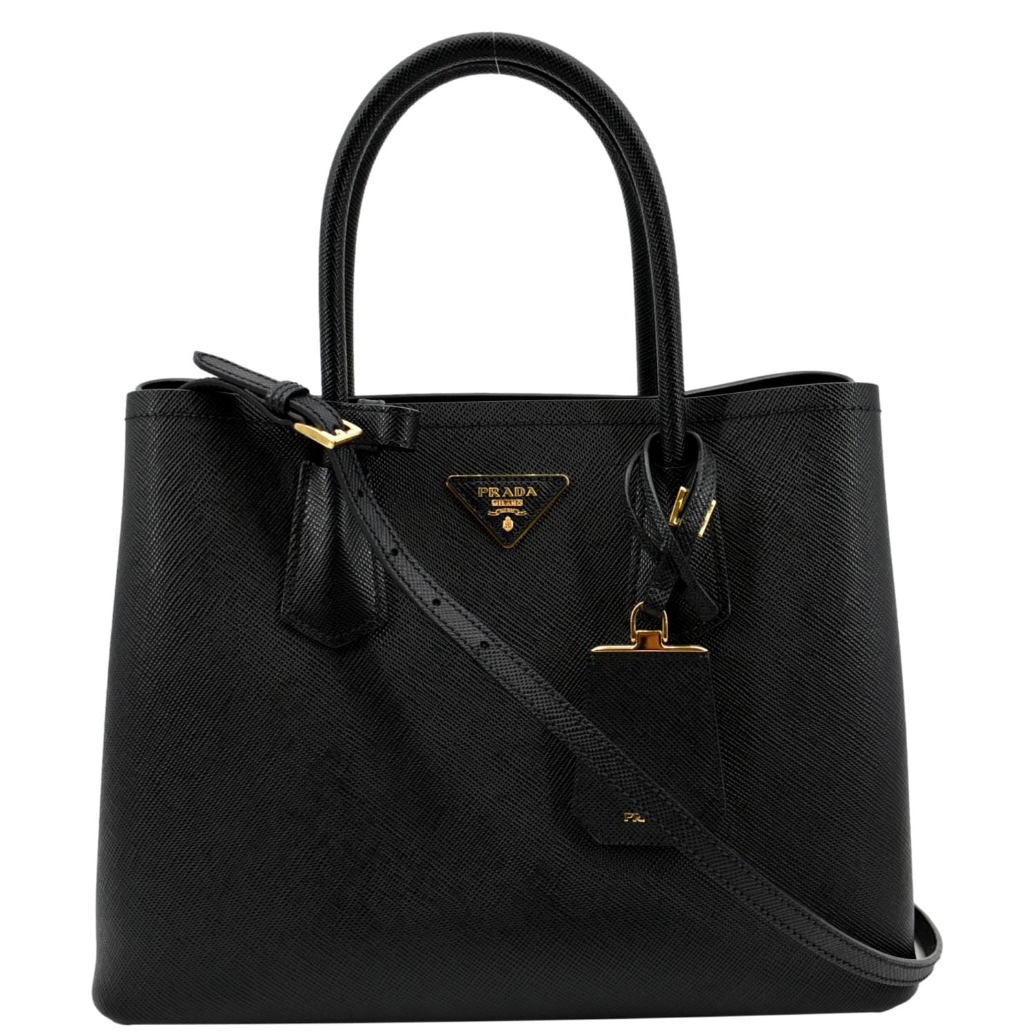 Prada Double Handle Saffiano Leather Tote Bag Black - Front