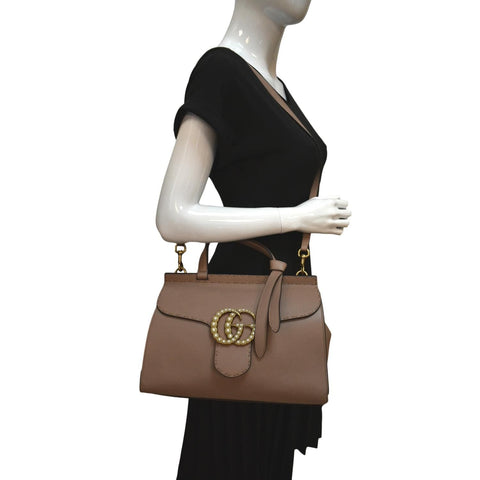GUCCI GG Marmont Leather Top Handle Shoulder Bag Beige 421890