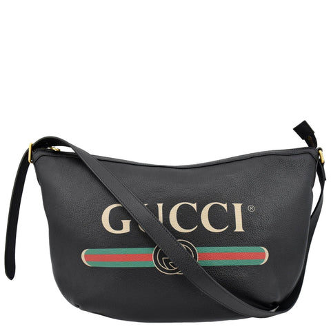 GUCCI Half Moon Logo Calfskin Leather Hobo Shoulder Bag Black 523588