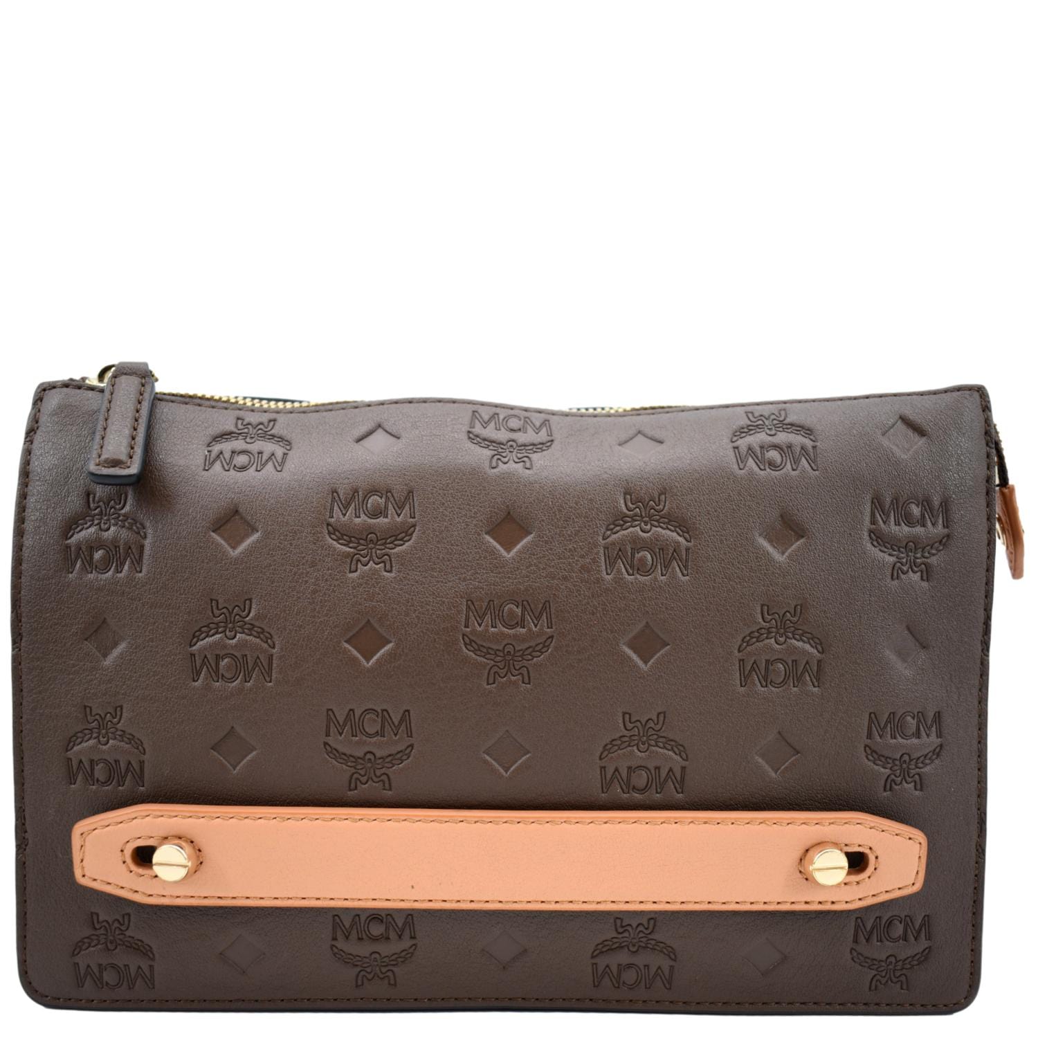 MCM Klara Monogram Leather Crossbody Pouch Brown