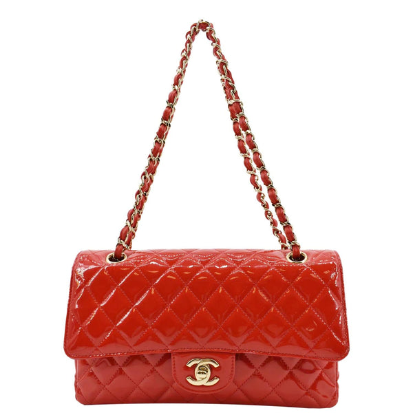 CHANEL Classic Medium Double Flap Patent Leather Shoulder Bag Red