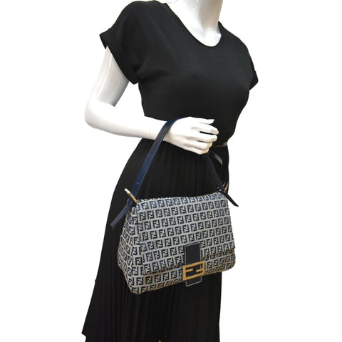 FENDI Mamma Baguette Zucca Hobo Shoulder Bag Grey