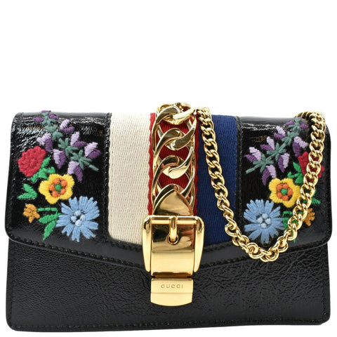 GUCCI Super Mini Sylvie Embroidered Leather Crossbody Chain Wallet Black 494646