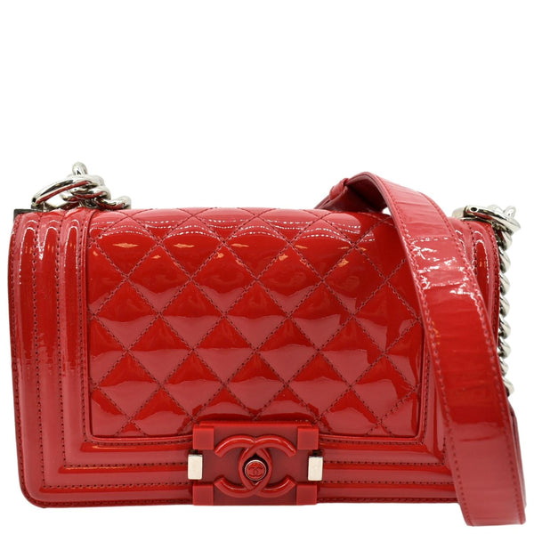 CHANEL Boy Flap Quilted Patent Leather Crossbody Bag Red