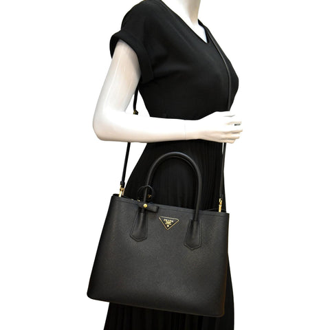 Prada Double Handle Saffiano Leather Tote Bag Black - Full View