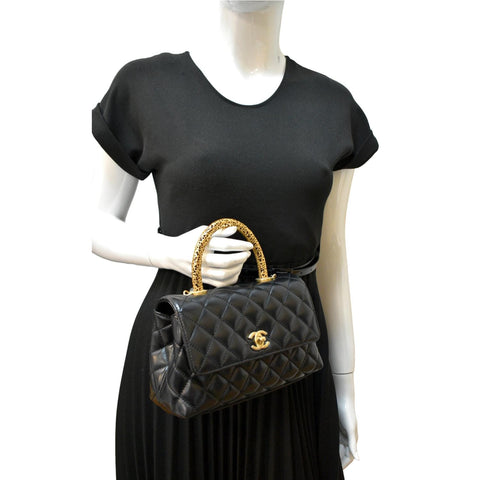 CHANEL Coco Mini Top Metal Handle Lambskin Leather Shoulder Bag Black