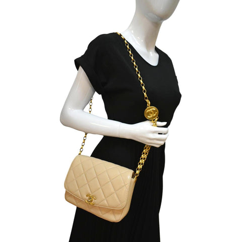 CHANEL CC Charm Flap Lambskin Leather Shoulder Bag Beige