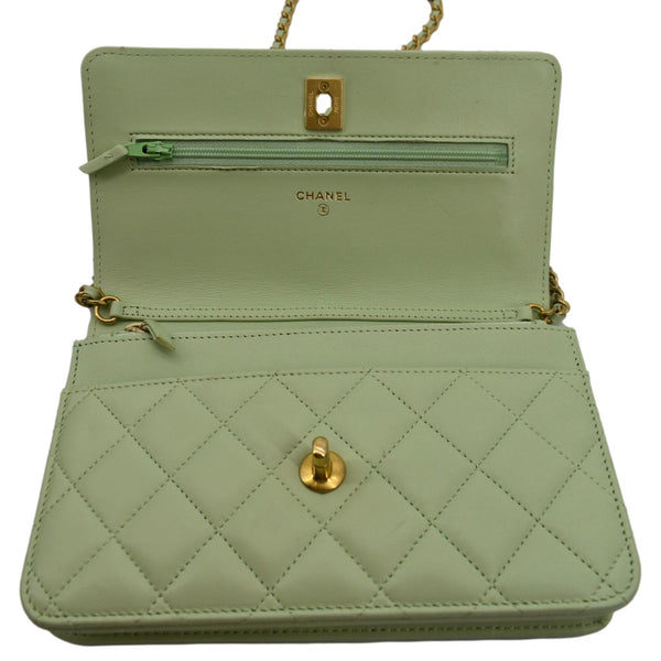 CHANEL French CC Pearl Crush Lambskin Leather Wallet On Chain Crossbody Bag Light Green