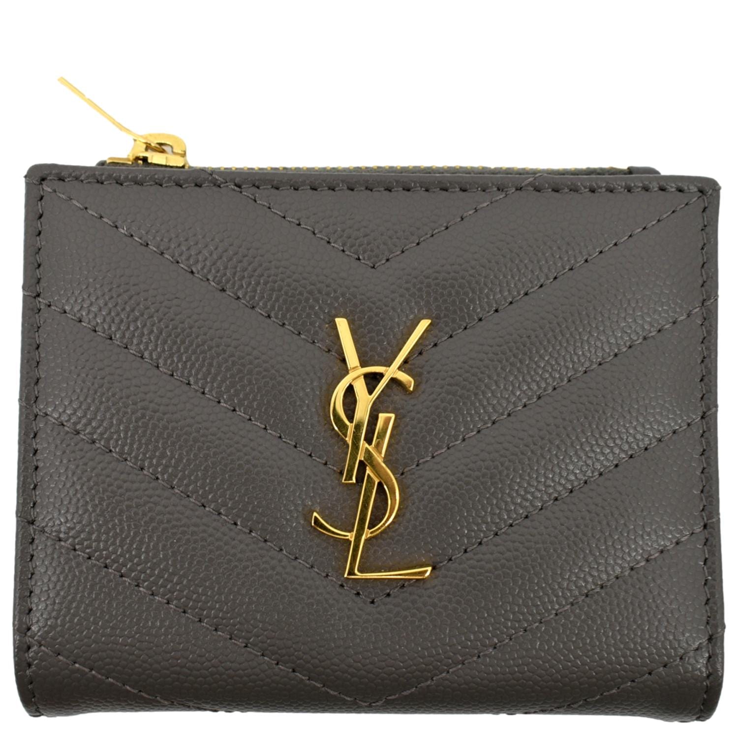 YVES SAINT LAURENT Monogram Compact Leather Zip Wallet Grey
