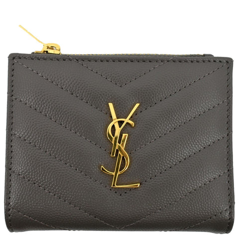 YVES SAINT LAURENT Monogram Compact Leather Zip Wallet Grey
