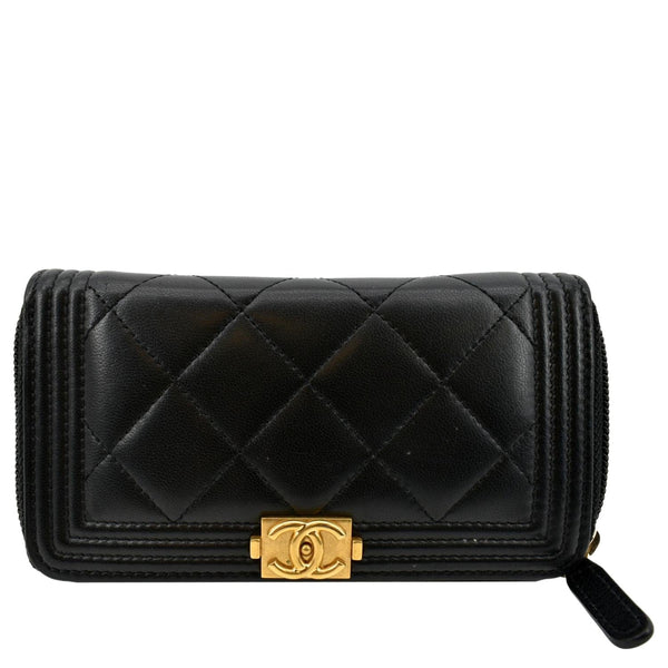 Chanel Small Boy Lambskin Zip Around Wallet in Black - Front 