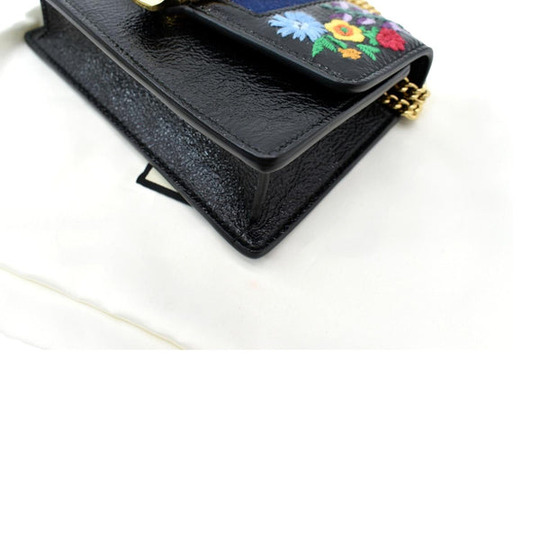 GUCCI Super Mini Sylvie Embroidered Leather Crossbody Chain Wallet Black 494646