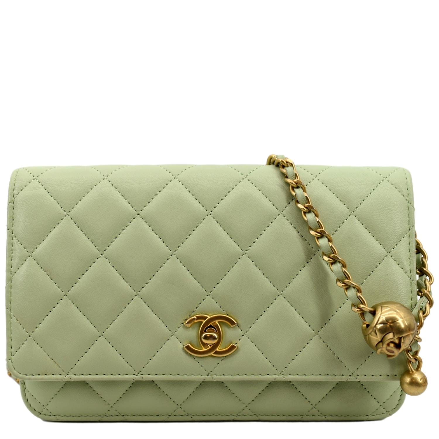 CHANEL CC Pearl Crush Lambskin Leather Wallet On Chain Crossbody Bag Light Green
