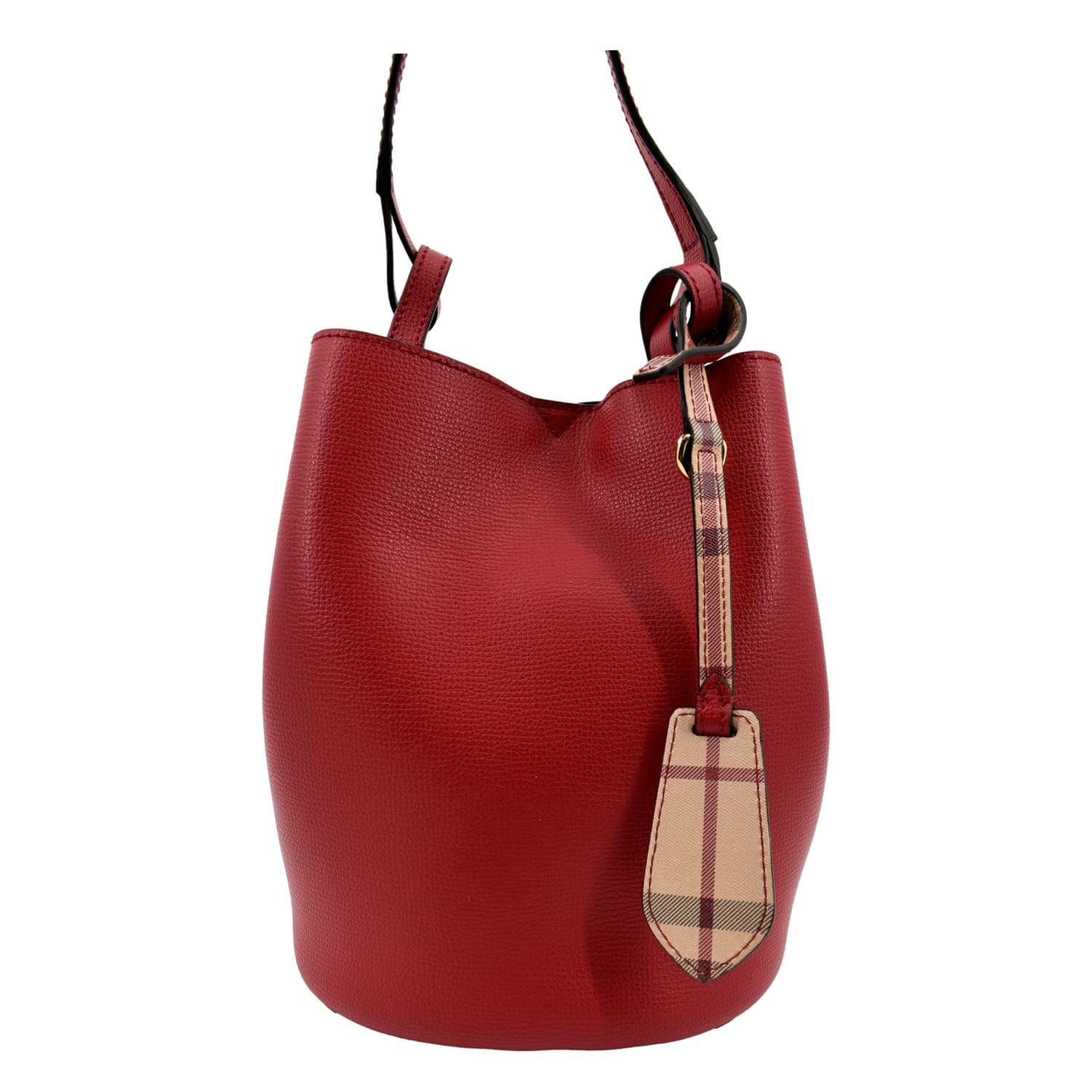 BURBERRY Reversible Haymarket Check Leather Bucket Crossbody Bag Red