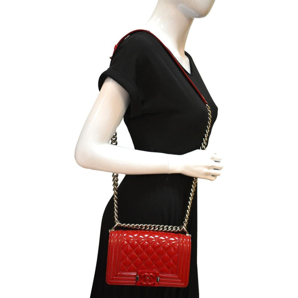 CHANEL Boy Flap Quilted Patent Leather Crossbody Bag Red
