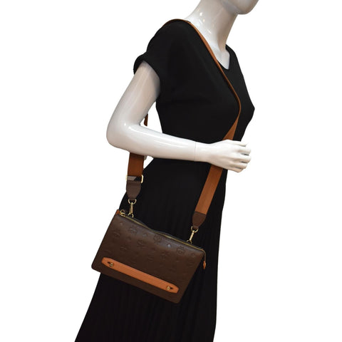 MCM Klara Monogram Leather Crossbody Pouch Brown