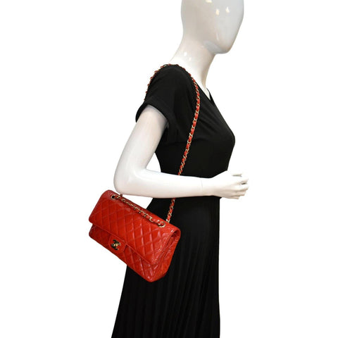 CHANEL Classic Medium Double Flap Patent Leather Shoulder Bag Red
