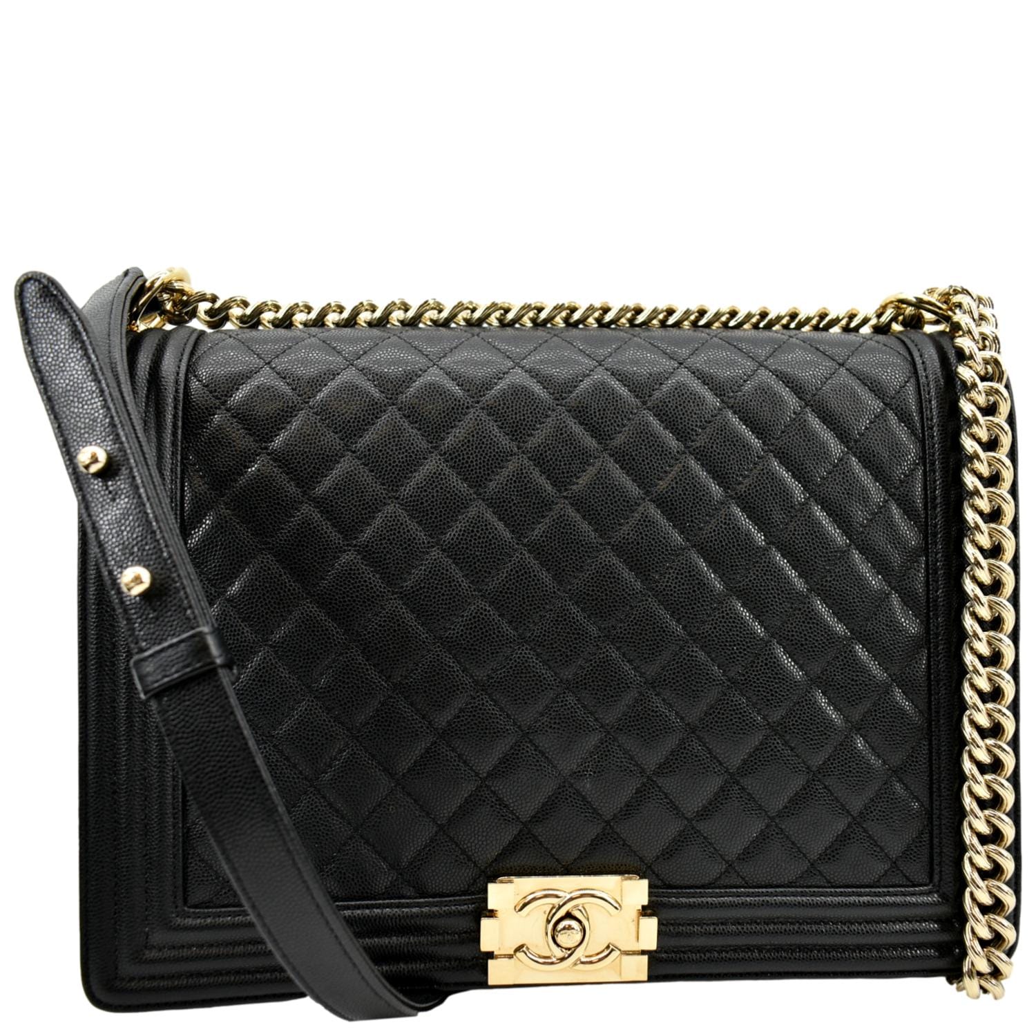 Chanel Large Boy Flap Caviar Leather Shoulder Bag Black - Front