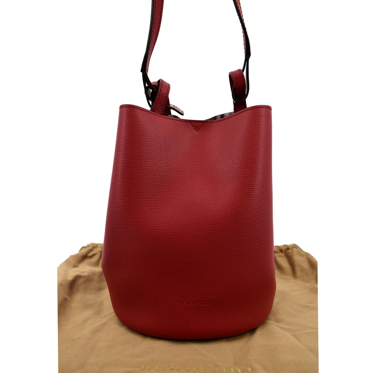 BURBERRY Reversible Haymarket Check Leather Bucket Crossbody Bag Red