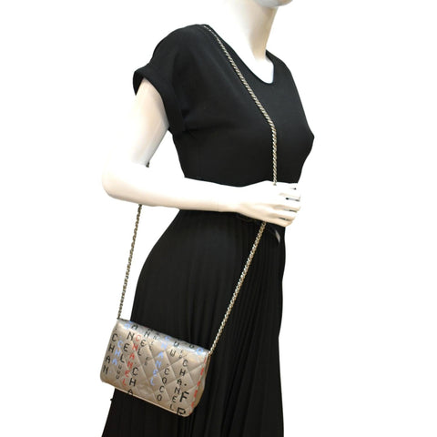 CHANEL Data Center Metallic Quilted Lambskin Wallet on Chain Gray