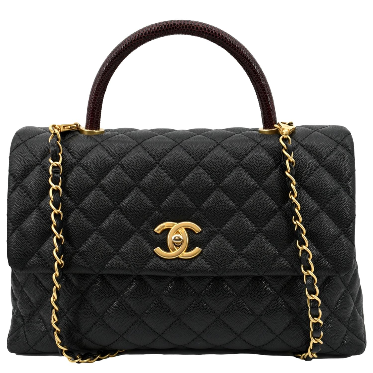 CHANEL Small Coco Quilted Caviar Lizard Handle Shoulder Bag Black  - Hot Deals