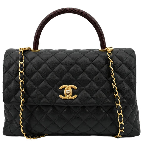 CHANEL Small Coco Quilted Caviar Lizard Handle Shoulder Bag Black  - Hot Deals