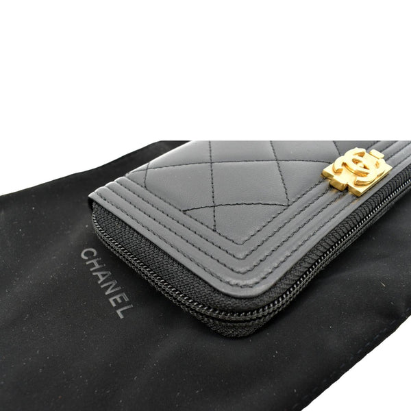 Chanel Small Boy Lambskin Zip Around Wallet in Black - Bottom Side