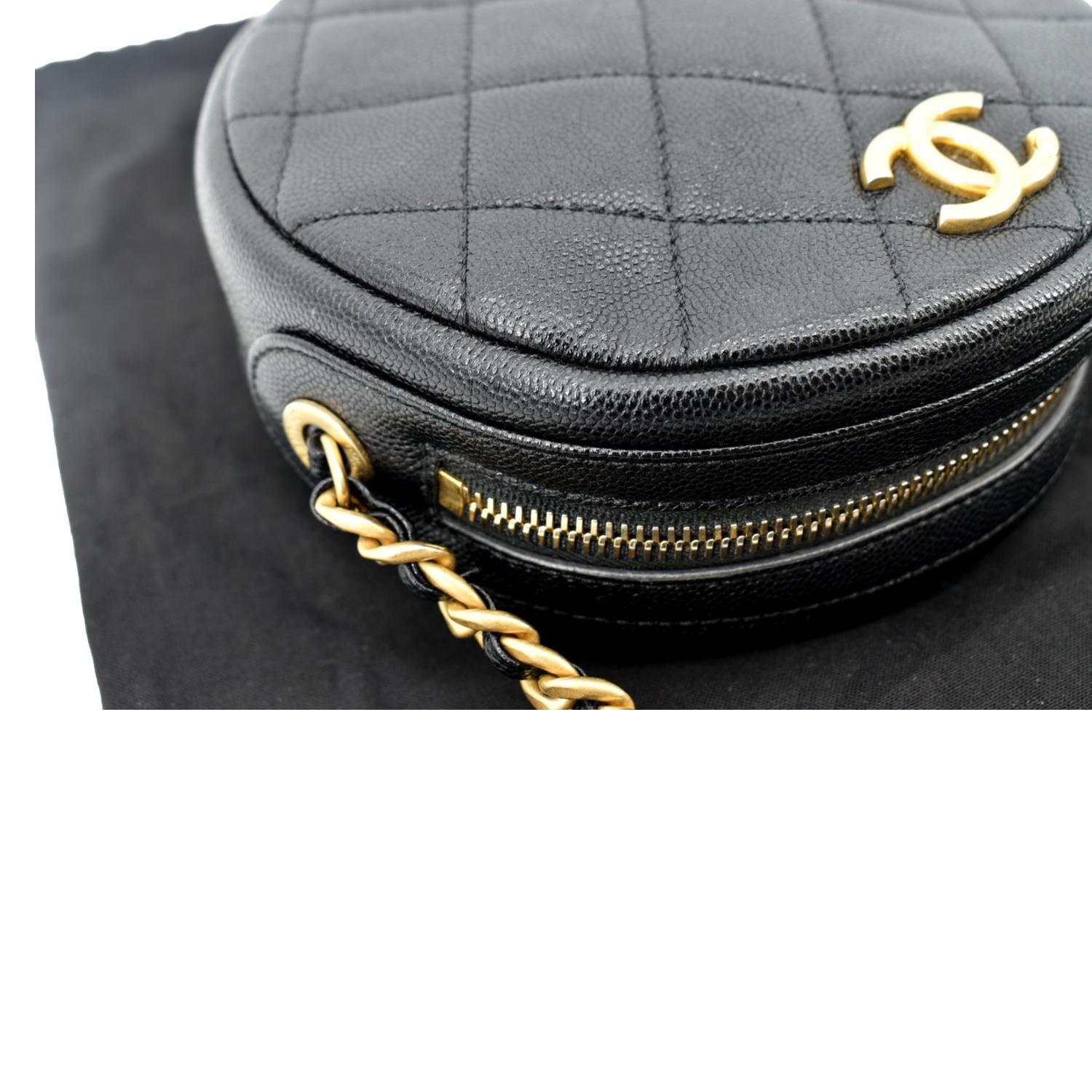 Chanel Round Quilted Caviar Leather Clutch Crossbody Bag Black