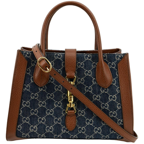 GUCCI Jackie 1961 Medium Jacquard Denim Tote Bag Dark Blue 649016