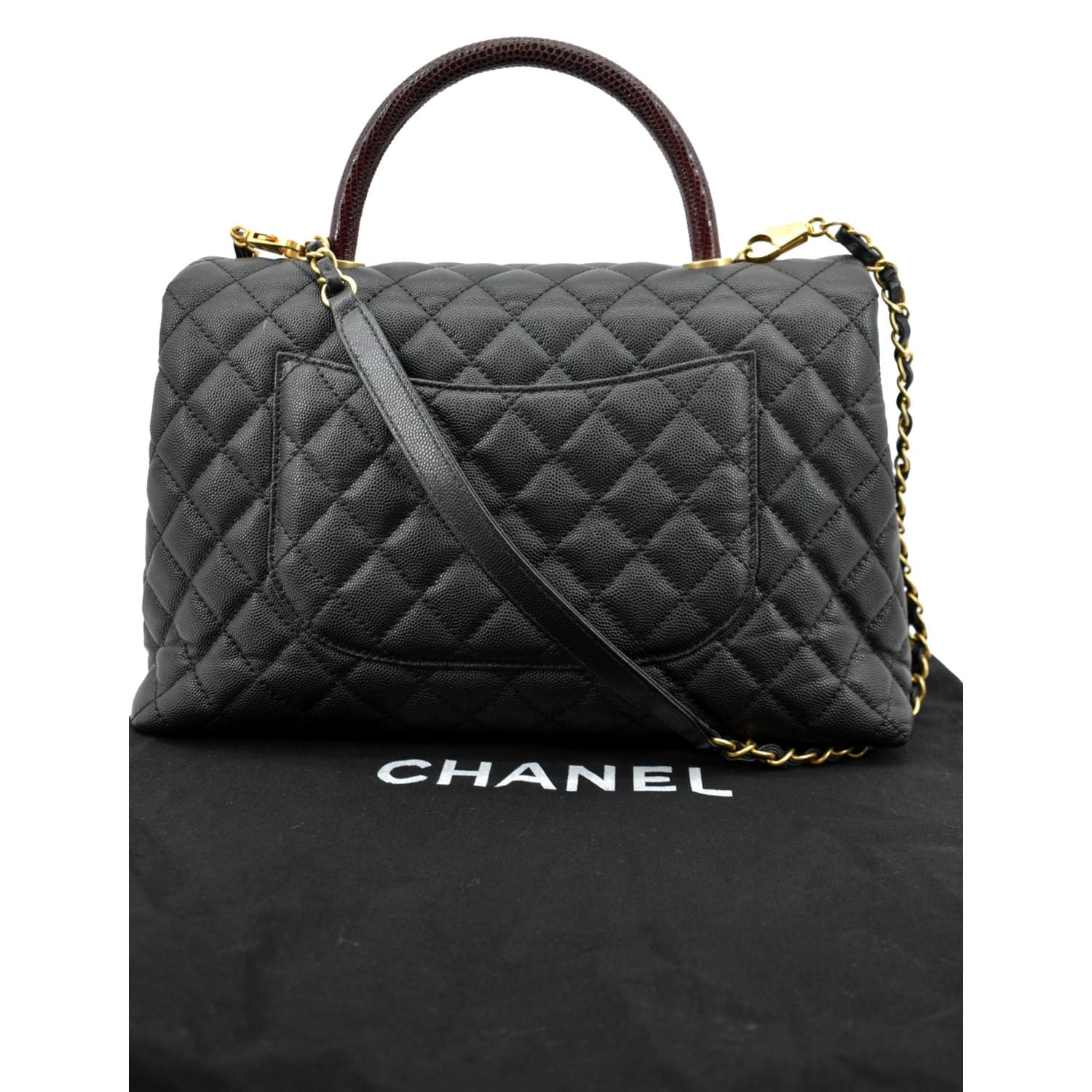 CHANEL Small Coco Quilted Caviar Lizard Handle Shoulder Bag Black - Ho