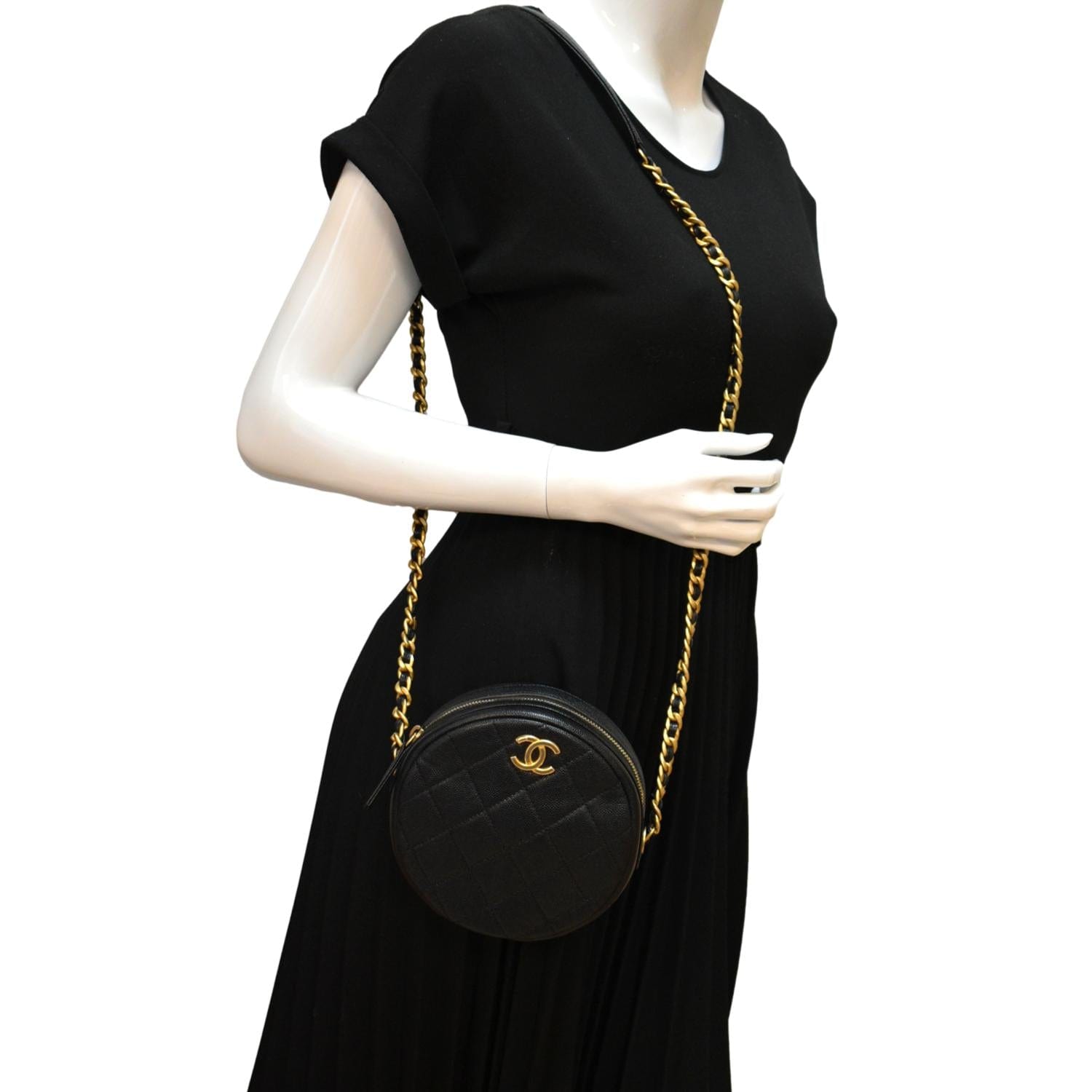 Chanel Round Quilted Caviar Leather Clutch Crossbody Bag Black